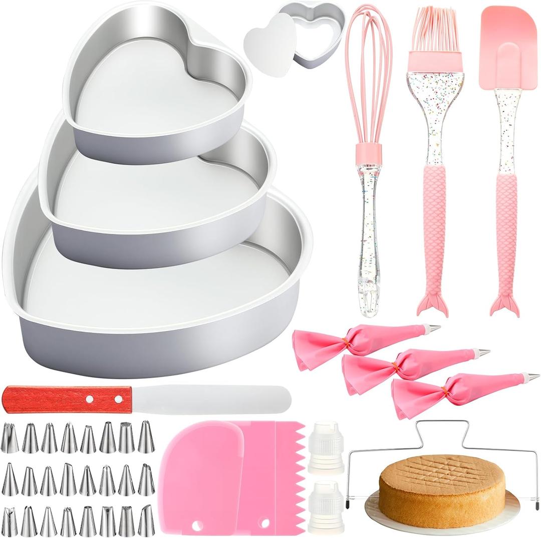 40 Pcs Heart Shaped Cake Pan Baking Set,4/6/8 Inch Nonstick Cake Mold Piping Bags Tips Leveler Icing Spatula Scrapers Pink Mermaid Baking Supplies for Mother's Day Weddings Birthday Party