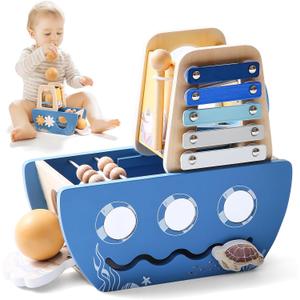 Promise Babe 5-in-1 Baby Wooden Activity Cube, Sea Ocean Montessori Toddler Toys for 1+ Year Old Boys Girls Gifts, Educational Learning Boat Toys for 1st Birthday Gifts for Kids
