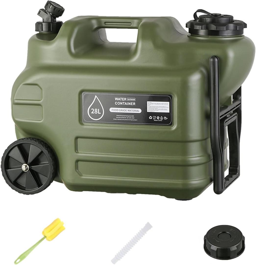 7.4 Gallon Water Jug, 28L Portable Water Container with Wheel & Pull Handl, Spigot, Cleaning Brush, Detachable Hose & Extra Lid, BPA-Free Camping Hydration Canteen, Outdoor Tank Storage PE - Green