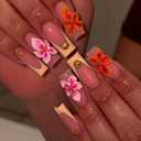 24 Pcs Floral Fake Nails Long Square Press on Nails Rhinestones 3D Gold Curve Line False Nail French with Leopard Print Designs Glossy Glue on Nail DIY for Women Manicure Art