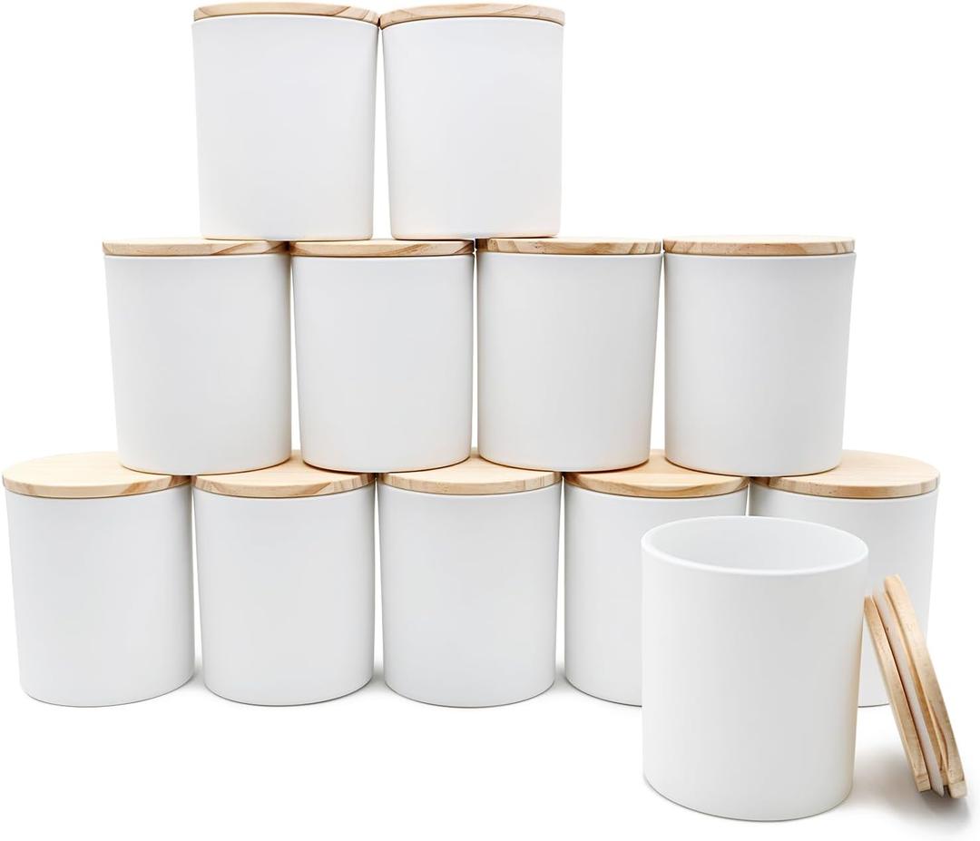 SHOWIN 14 OZ Thick Candle Jars for Making Candles 12 Pcs, 3 Wick Empty Jars with Wood Lids for Candle Making, Sample Container,Matte White