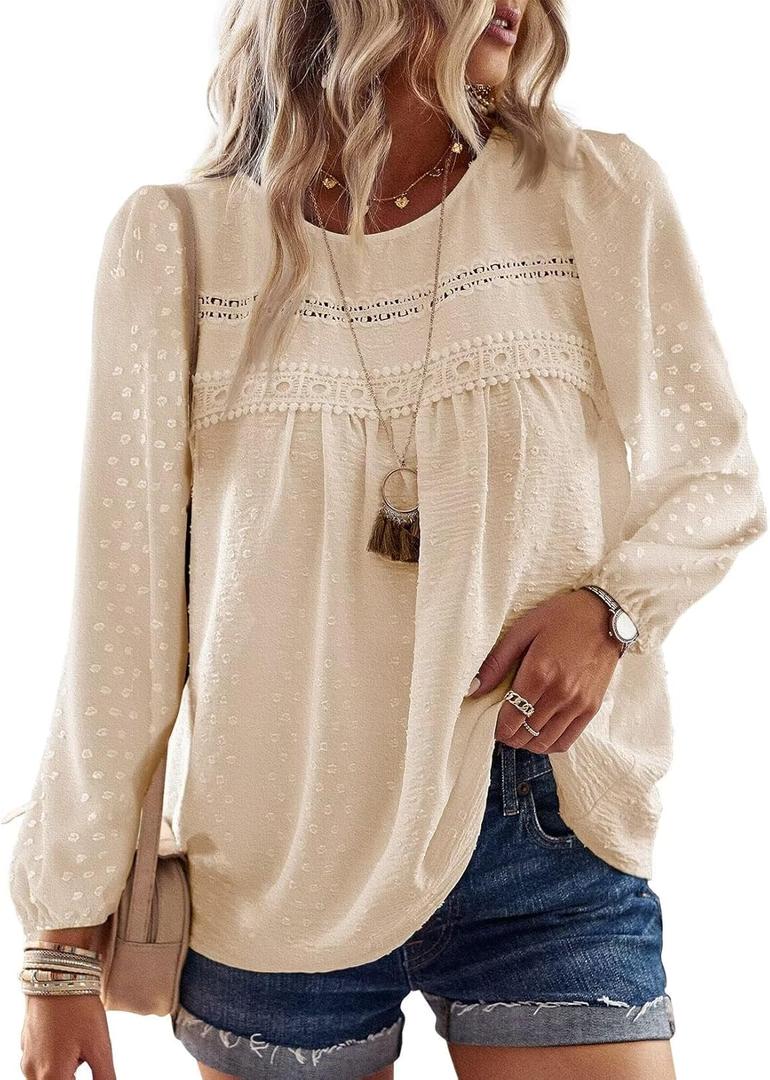 Boho Tops for Women Long Sleeve Shirts Crewneck Flowy Womens Blouses Dressy Casual Lace Hem Clothing Trendy 2026 (L)