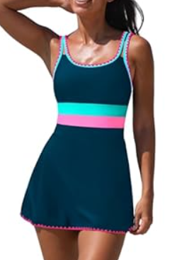 popvil Women One Piece Swimdress Swimsuit Neon Tummy Control Bathing Suit Swim Dress with Shell Trim U Neck Swimwear, Teal, X-Large