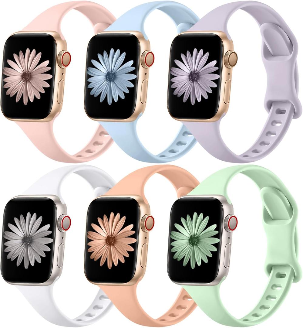 Lerobo 6 pack Thin Bands Silicone Compatible for Apple Watch Band 42mm 44mm 45mm 38mm 40mm 41mm 46mm 49mm, Slim Narrow Sport Strap Replacement for iWatch Series 10/9/8/7/6/5/4/3/2/1 SE Ultra Women Men (Lalic/Sand Pink/Cantaloupe/Pistachio/Light Purple/White)