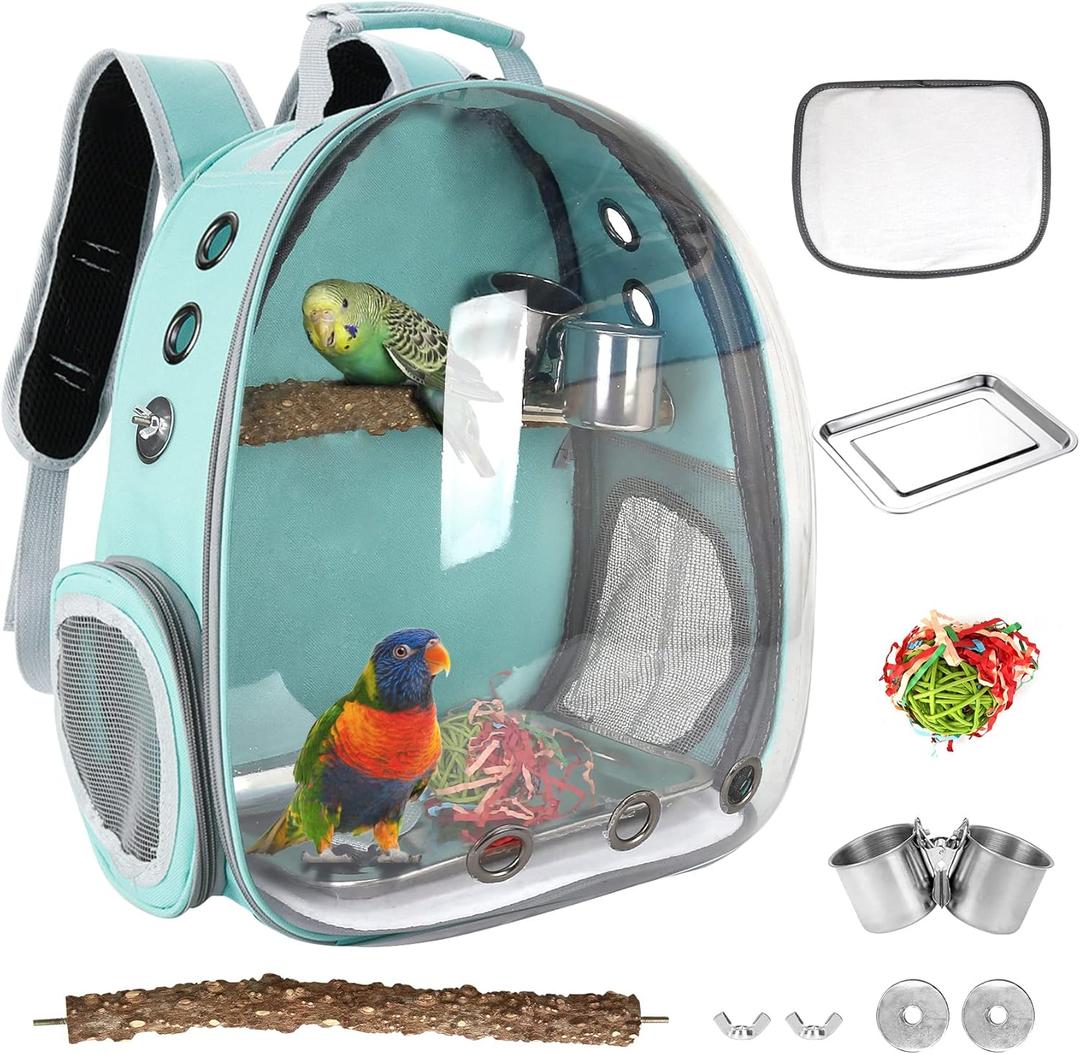 Bird Backpack Carrier with Perch, Portable Bird Travel Cage Bag, Clear Parrot Carrier Cockatiel Cage with Toy Stainless Steel Food Bowl Tray for Conures Parakeet Budgie Canary Lovebirds Small Animals (Green)