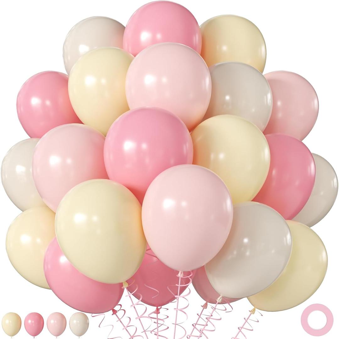 Pink and Yellow Balloons, 60Pcs 12 Inch Pastel Pink Light Pink Yellow Sand White Balloons for Baby Shower Bridal Shower Anniversary Wedding Bee Bear Themed Birthday Party Decorations