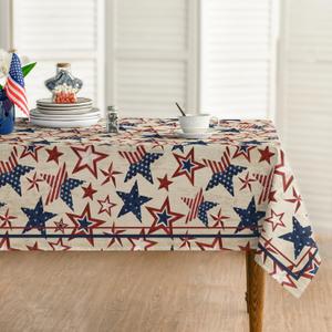 Horaldaily 4th of July Rectangular Tablecloth 6084 Inch, Patriotic Memorial Day Blue Red Star Independence Day Washable Table Cover for Party Picnic Dinner Decor (Beige)
