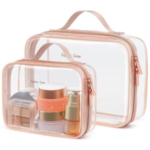 PACKISM Clear Makeup Bag Combo Pack, 1 TSA Approved Medium & Large for Checked Luggage, Clear Toiletry Bag with Handle, Water-resistant Travel Essentials Organizer, Rose Pink (Full Vacation (Mixed Sizes))