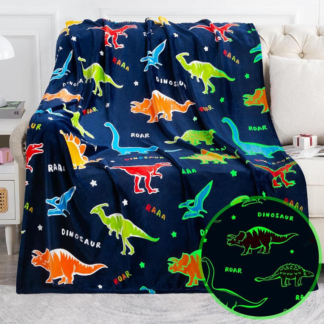 Jekeno Dinosaur Glow in The Dark Blanket Dino Gift Throw for Kids Boys Girls Birthday Christmas Halloween Easter Decor for Age 1-16 Years Old Teens Child Toddler Son Throw, Navy Blue 50"x60"
