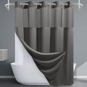 EUTXL Charcoal Grey No Hook Shower Curtain with Snap in Liner,230GSM Waffle Weave Shower Curtains for Bathroom,71W x 74H