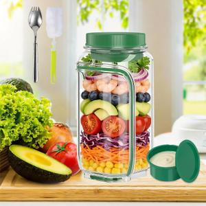 Salad Jar with Side Opening - Leakproof Portable Salad Container with Dressing Cup & Lid, Lid-to-Bowl Design, Dishwasher & Freezer Safe for for Office, Gym, Travel, Picnic, Green(1PCS)