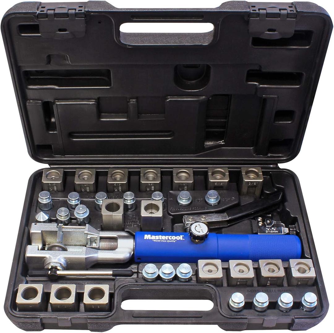Mastercool 72485-PRC Universal Hydraulic Flaring Tool  45 Double & Single Flares, Push Connect, GM Fuel Line, Brake Line & GM Transmission Cooling  Includes Hydraulic Ram & Mini Tube Cutter