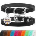 BRONZEDOG Leather Cat Collar with Removable Bells Non Breakaway Kitten QR Tag for Girl Boy (7" - 9" for Cats, Black & Silver)