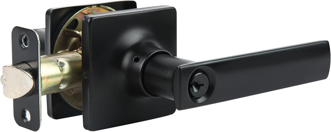 Entry Door Handle Locks with Keys,Square Locking Door Lever for Office,Bedroom,Suit for Right & Left Sided Doors,Secure Reversible Door Handle with Lock and Key 1Pack