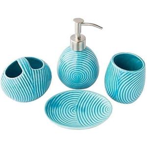 Comfify Designer 4 Piece Bathroom Accessory Set  Ceramic Bath Set w/Liquid Soap or Lotion Dispenser, Toothbrush Holder, Tumbler and Soap Dish  Decorative Set w/Embossed Details  Blue