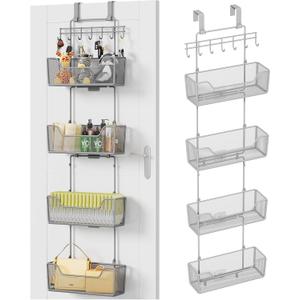 HapiRm Over The Door Organizer - Hanging Door Organizer with 4 Metal Large Capacity Baskets and Adjustable Coat Hook for Bathroom Bedroom Kitchen Pantry Closet Cabinet