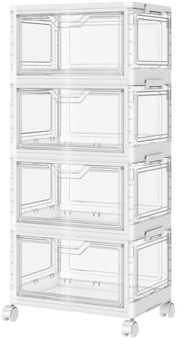 SNSLXH Portable Clear Storage Bins with Lid & Wheels, 24QT Clear Storage Bins with Lid, 4-Tier Plastic Bins with Wheels, Stackable, Magnetic Doors, for Bedroom, Living Room, Office