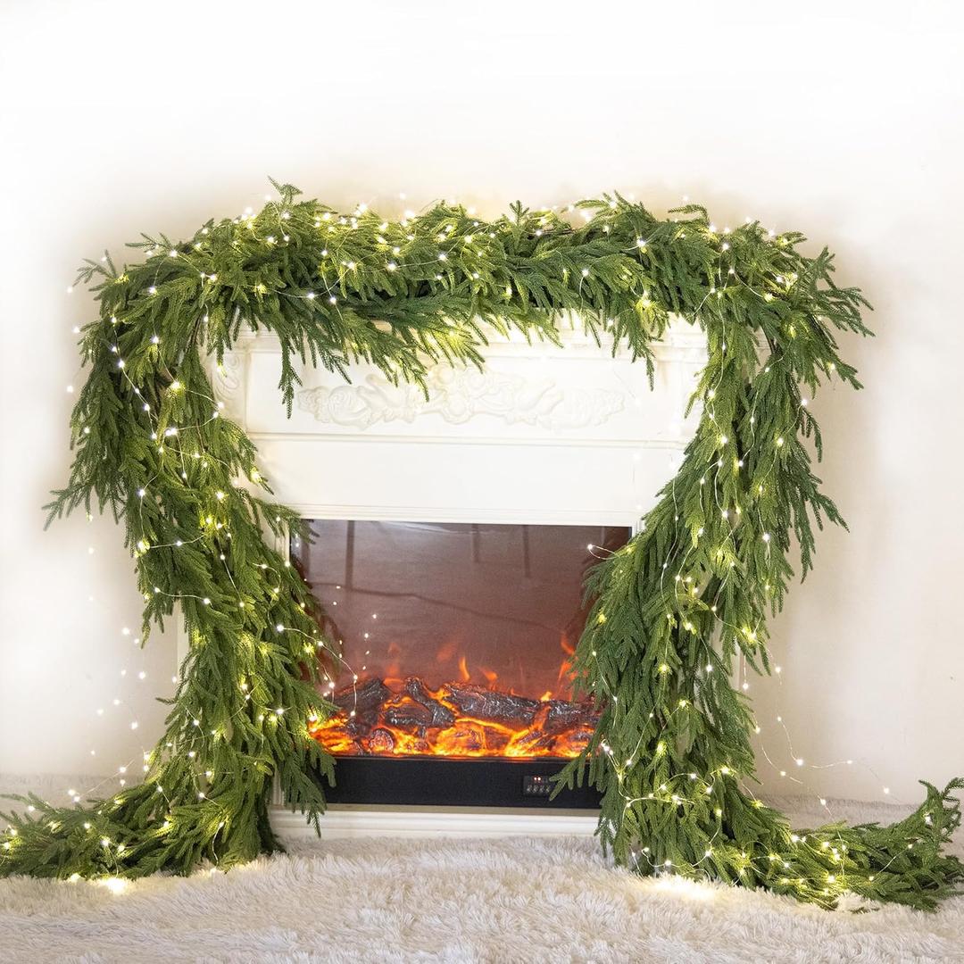 MISSPIN 9ft Christmas Garland with LED Lights, Real Touch Norfolk Pine Garland, Green Artificial Greenery Garland for Table, Mantle, String Light, Wall, Indoor, Outdoor Christmas Decorations