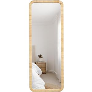 18"x48" Long Rattan Mirror Rattan Full Length Mirror Rectangle Wooden Framed Full Body Mirror Floor Mirror Lean Against Wall Farmhouse Wicker Mirror for Bathroom Entryway Living Room Bedroom