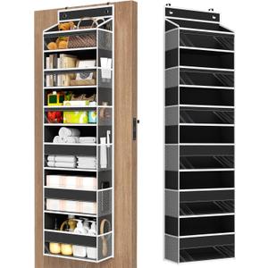 Over The Door Organizer, 6 Shelf Door Hanging Organizers with 6 Large Capacity Pockets, Behind Door Storage Hanging Shelves for Closet Wall Bathroom Bedroom Nursery (Black)
