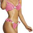 BEAUDRM Women's 2 Piece Plain Bikini Set V Neck Ruffle Trim Bow Triangle Set High Cut Bikini Swimsuit Bathing Suit Beachwear Pink A Large, Size L