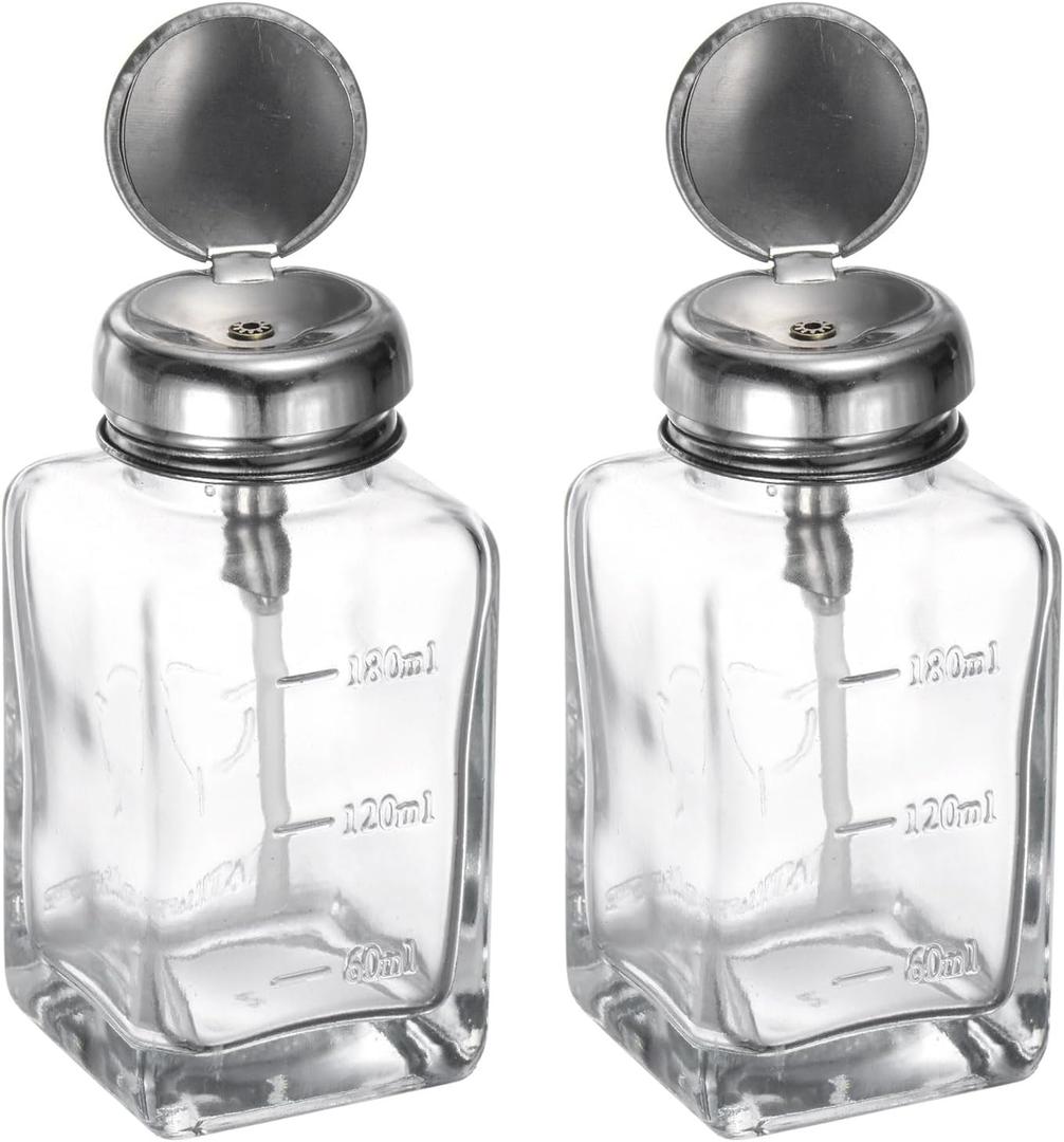 HARFINGTON 2PCS 6Oz / 180ML Glass Pump Dispenser Bottle Square Clear Liquid Pumping Press Push Down Alcohol Container with Metal Flip Cover for Makeup Remover
