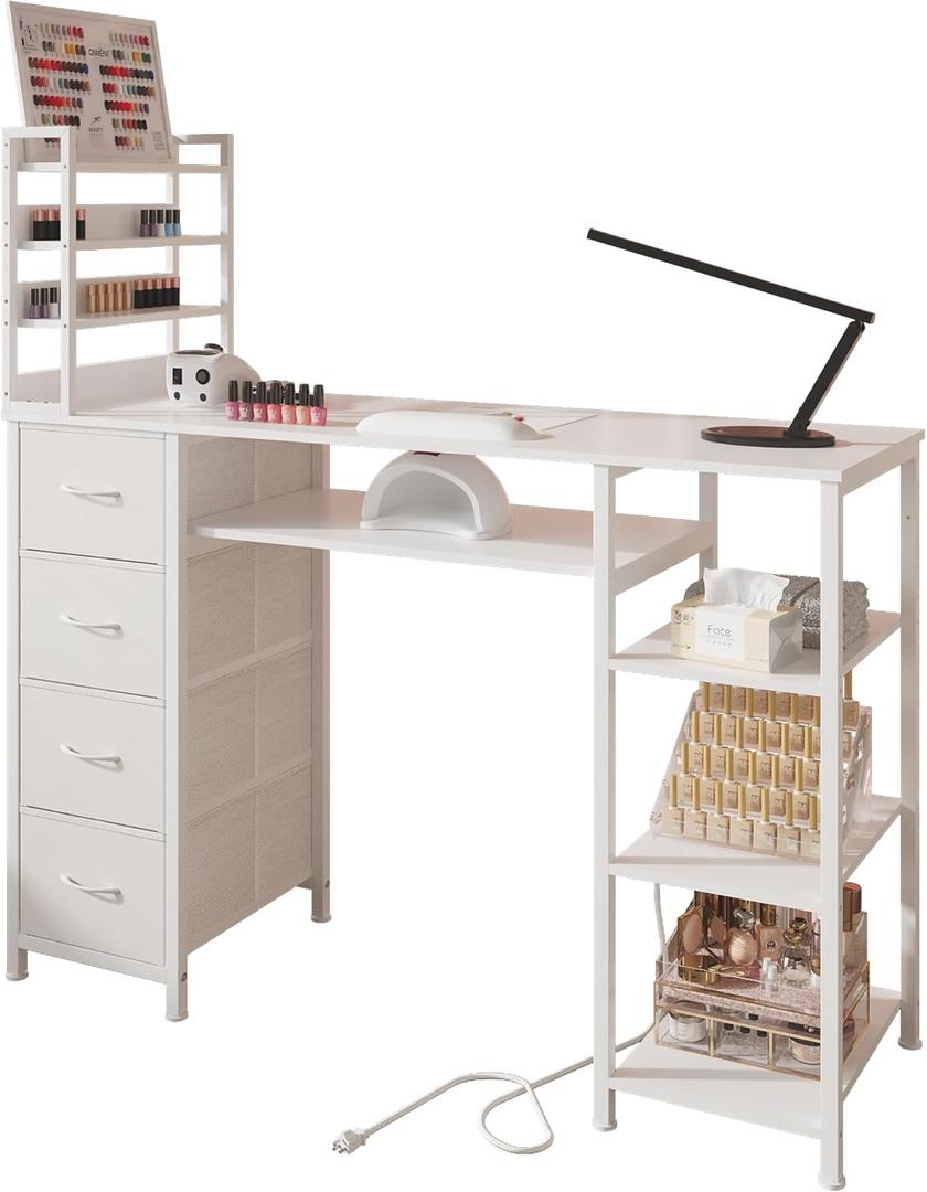 NinPeen Manicure Table Nail Desk for Nail tech with Drawers and Power Outlet, Nail Beauty Table with Storage and Open Shelves for Home, Workshop, Makeup Beauty Salon Workstation (White)