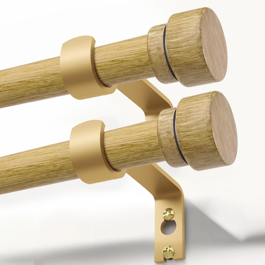 2 Pack Natural Light Wood Curtain Rods for Windows 28 to 48 1" Diameter Heavy Duty Window Curtain Rod Adjustable with Handmade Wood Grain Design for Living Room Bedroom Kitchen Farmhouse