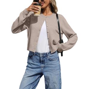 ELLEVEN Women's Cropped Cardigan Sweaters, Light Weight Knit Sweater Cute Short Button up Cardigans Trendy Fashion Clothing (Brown)