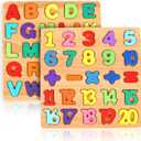 2 Pack Wooden Puzzles, Toddlers Alphabet Number Puzzles, ABC Learning Toys for Kids Ages 3-5, Preschool Learning Activities Gift Set for Boys & Girls