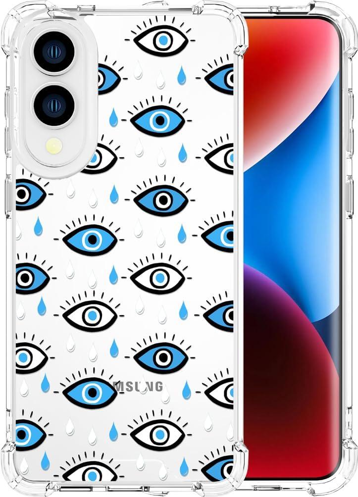 Compatible with Samsung Galaxy S25 Edge Cases with Design, Cute Transparent Designer Phone Case for Women Girls Girly with Heavy Duty Protective Bumper (Clear Blue Evil Eyes)