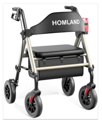 Walkers for Seniors with Seat, Foldable Rollator Walker, Reinforced Aluminum Frame, 8" Big Rubber Wheels for All Terrain, Height Adjustable Lightweight Rolling Walker, Light Gold