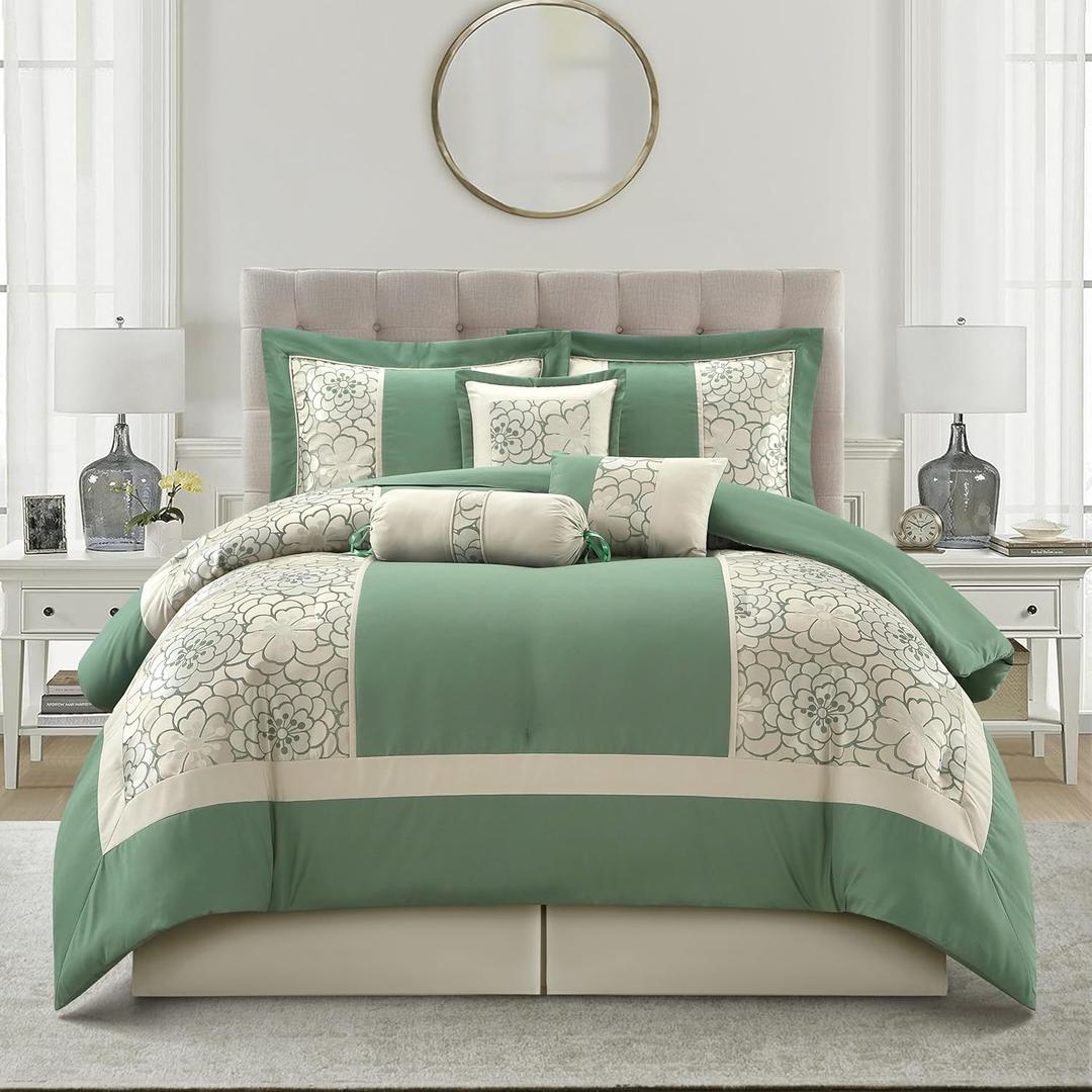 Stratford Park Green Comforter Set Queen Size, 7 Piece Jacquard Soft Bedding Set, All Season, Bedskirt, Pillows & Shams