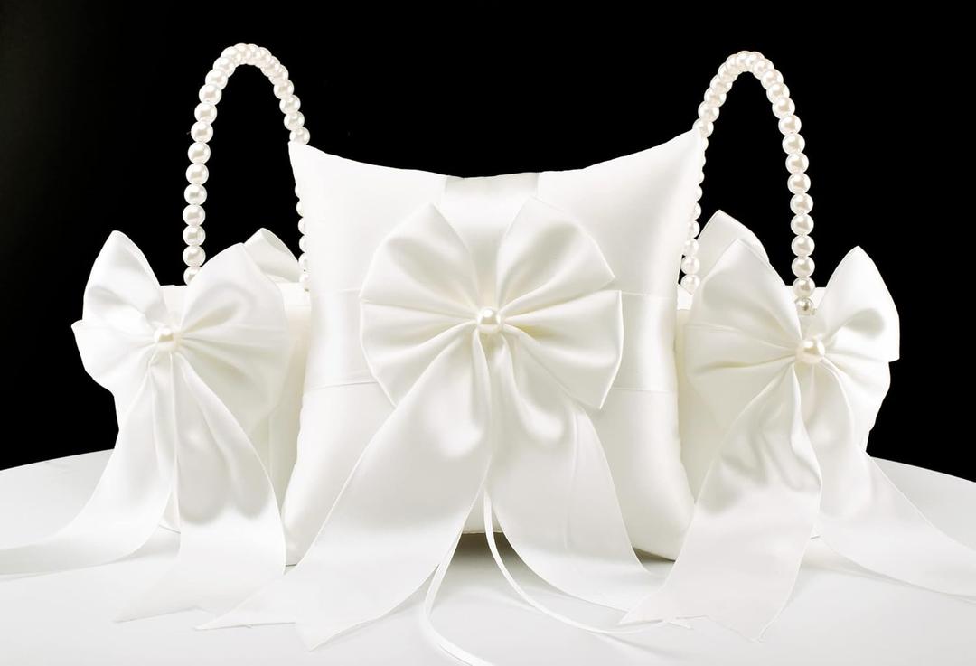 2 Flower Girl Baskets and Ring Bearer Pillow Set, Flower Girl Basket with Pearl Handle, Ivory Fariy Wedding Baskets for Flower Girls