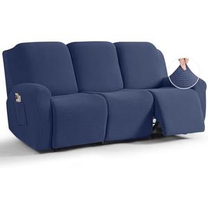 TAOCOCO Recliner Sofa Covers 8-Pieces Stretch Large Couch Covers for 3 Seats Reclining Slipcovers Soft Jacquard Pattern Furniture Protector (Navy Blue)