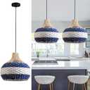 3-Light Rattan Pendant Light 15" Hand-Woven Blue White Wicker Basket Chandelier Boho Faux Rattan Hanging Light,for Living Room Bedroom Kitchen Hallway Dining Farmhouse