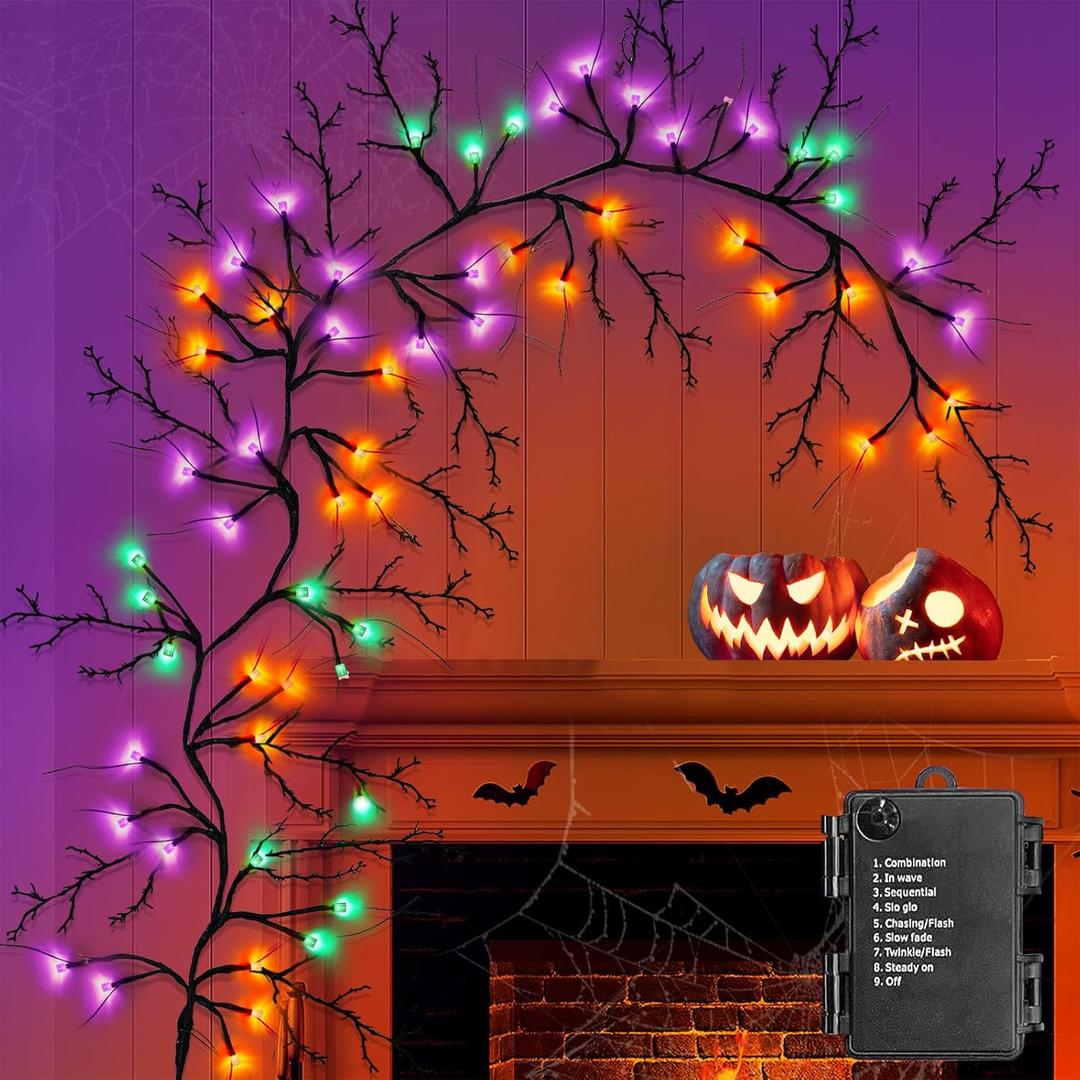 [ Timer & 8 Modes ] 6 Ft 54LED Halloween Willow Vine Twig Decor Branches Garland Decorations Orange  Purple  Green Lights -Battery Operated Garland for Indoor Wall Fireplace Halloween Decorations