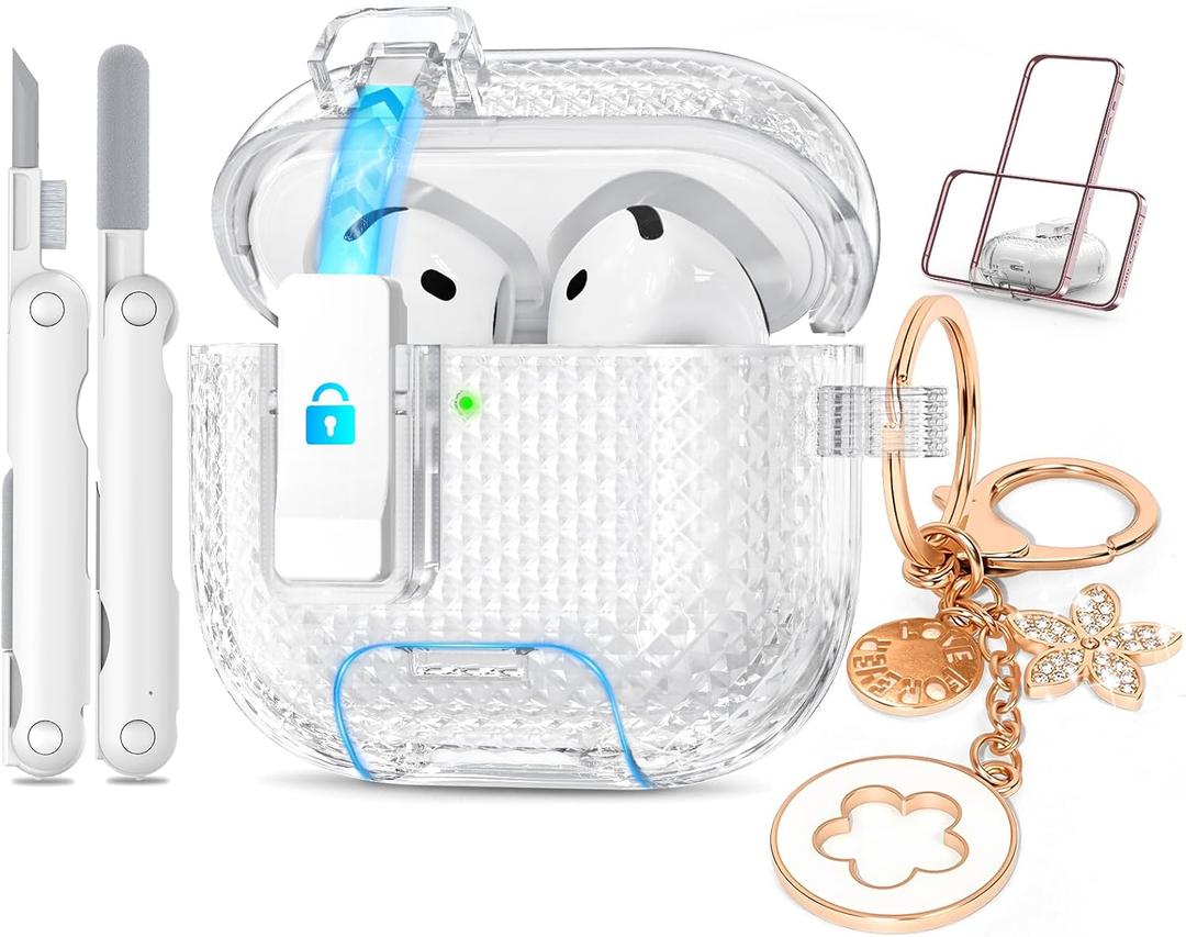 for Airpods 4 Case Clear with Lock&Bling Keychain for Women&Girly,Cute Soft TPU Clear Case Cove for Apple Airpods 4th Generation (2024) with Cleaning Kit,Phone Holder Function