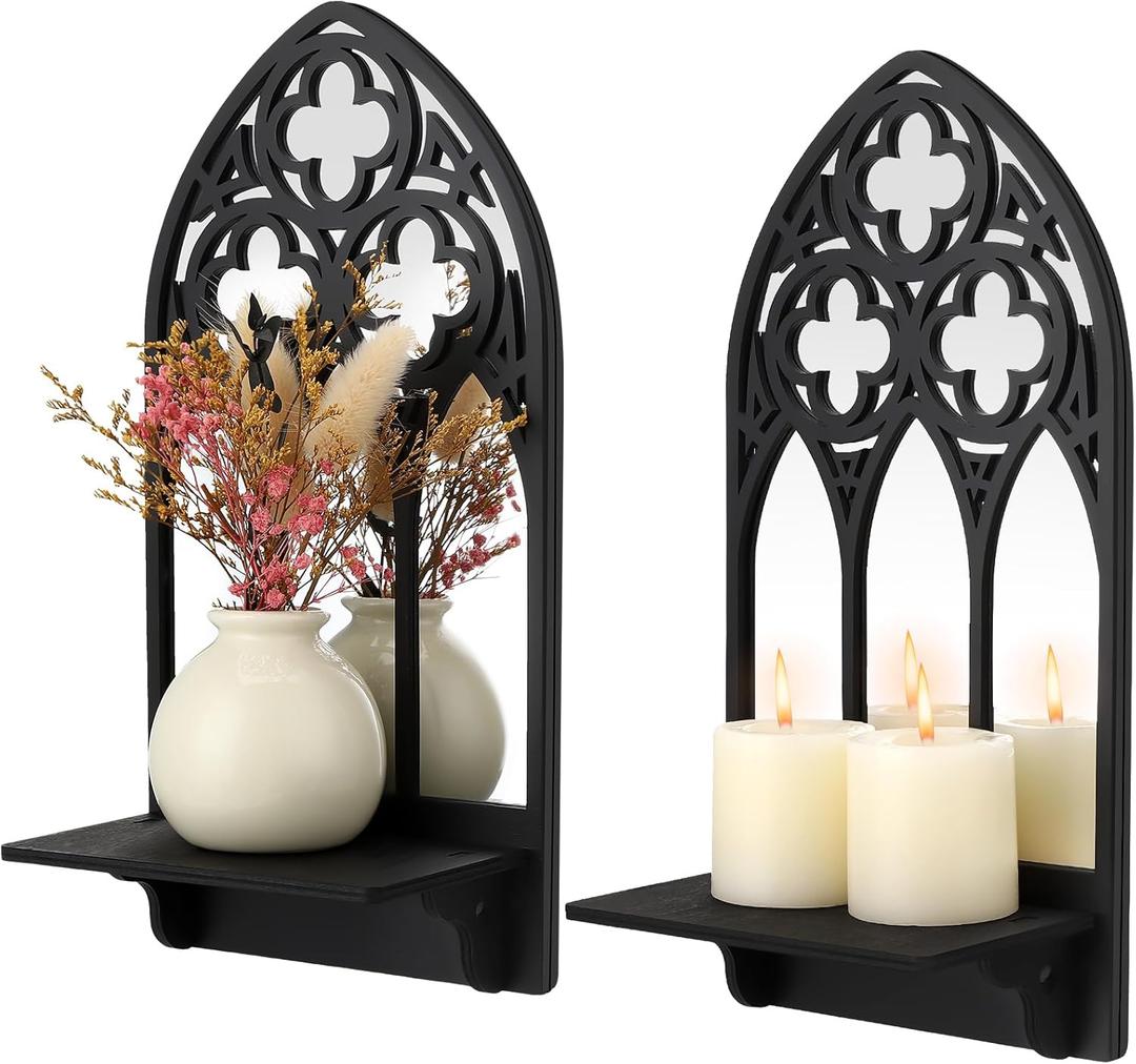 2 Set Gothic Candle Sconces Wall Decor, Arch Cathedral Frame Gothic Wall Sconce Candle Holder for Bedroom, Bathroom, Dining Room, Living Room, Black