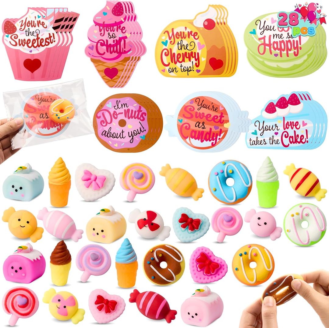 JOYIN 28 Packs Valentines Day Gift Cards with Candy Mochi Squishy Toys, Stress Relief Fidget, Cute Squeeze Toys for Kids Valentine's Party Favors, Classroom Gift Exchange and School Reward