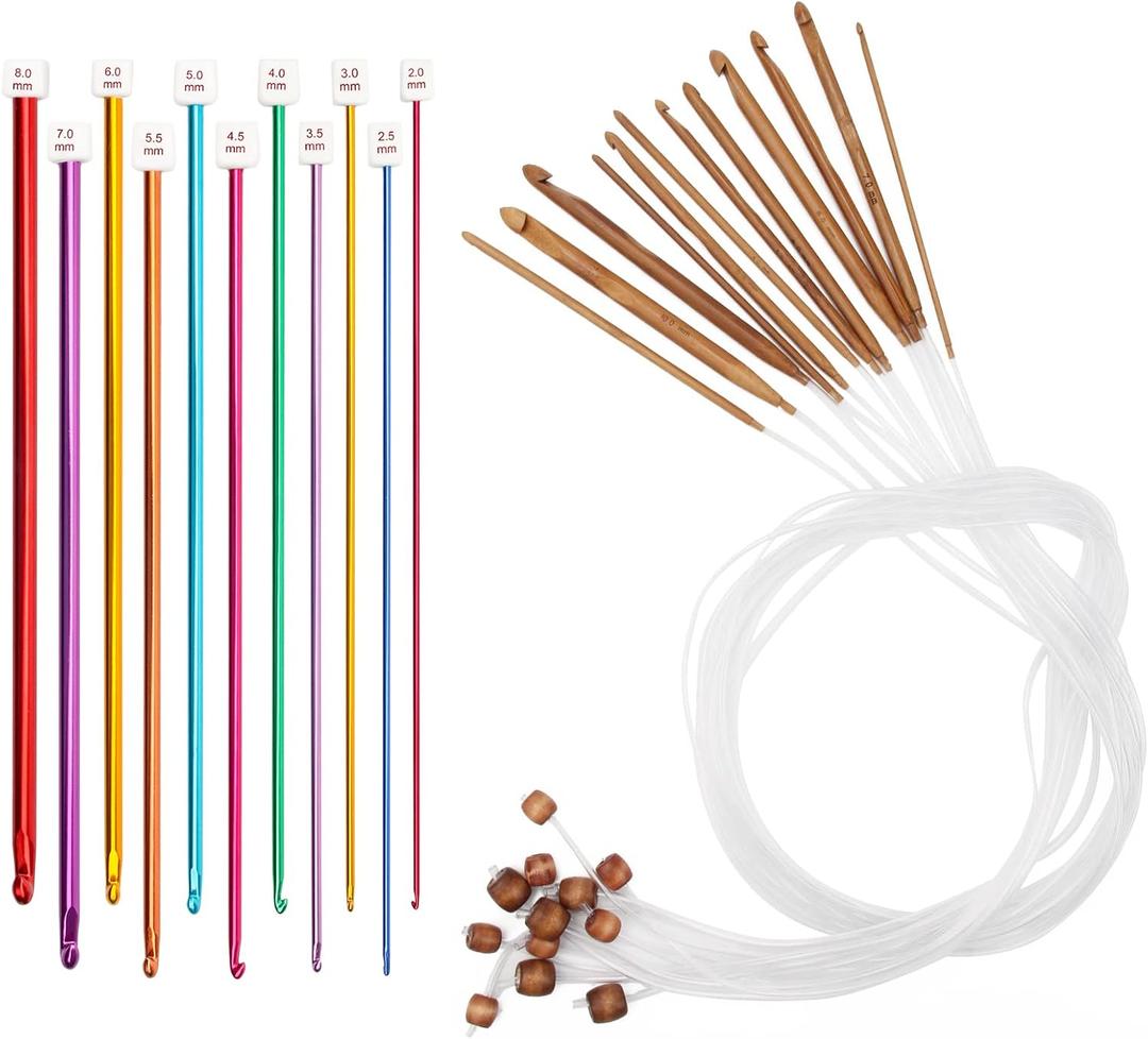 23 Pieces Tunisian Crochet Hooks Set, AHIER 12PCS Bamboo Crochet Hooks 3-10mm and 11PCS Tunisian Afghan Aluminum Knitting Needles Set 2-8mm (Assorted Color Aluminum Crochet Hooks) (Transparent)