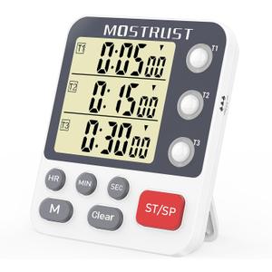 Digital Dual Kitchen Timer, 3 Channels Countdown Triple Timer for Cooking, Magnetic Memory-Preset Large Display Adjustable Alarm Volume, Multi Times Management, 3A Battery Included, White