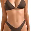 SUUKSESS Women Halter String Two Piece Bikini Sets Reversible Thong Swimsuit (Small, 105 Brown White Color Block)