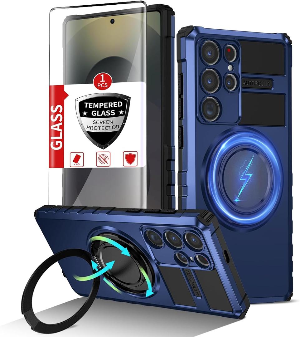 for Samsung Galaxy S25 Ultra Case Compatible Wireless Charging Magnetic,with Screen Protector,for S25Ultra Phone Case with 360Stand Ring Military Grade Shockproof Heavy Duty Protection Blue