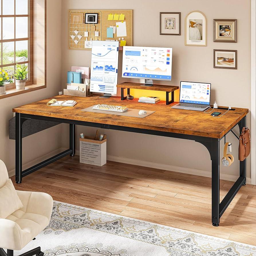 55 x 24 inch Desk, 24mm Thick Heavy Duty Computer Desk with RGB LED & Power Outlets, Gaming Desk with Detachable Stand, 150LBS Load Capacity, Work Gaming Desk for Home Office, Brown