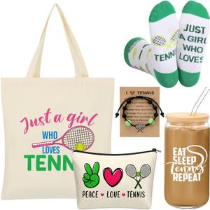 Chunful 6 Pcs Tennis Gifts Set for Teen Girls & Women Team Essentials Accessories Include 16 oz Glass Jar Tumbler Canvas Tote Bag Makeup Bags Novelty Socks Bracelets for Lover Coach