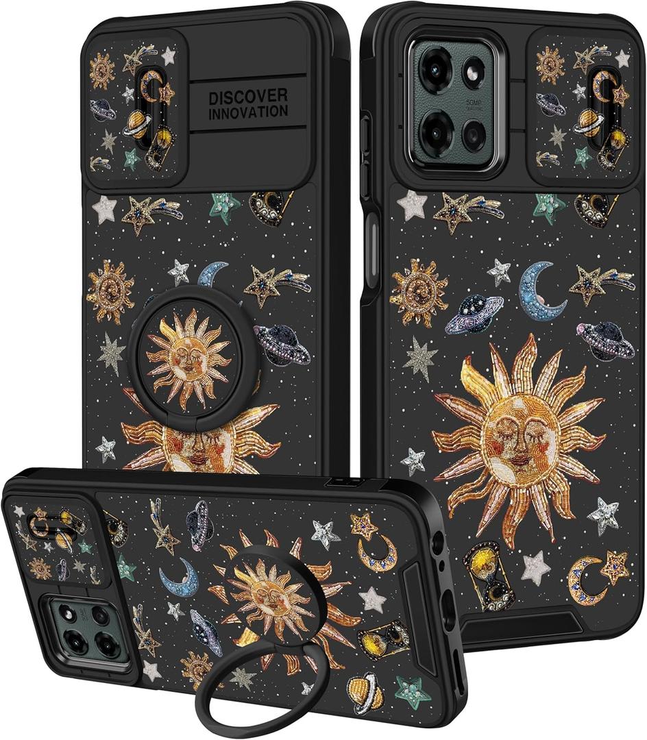 Goocrux for Moto G 5G 2025 Case - Women Girls Boys Cute Phone Cover Girly Pretty Unique Aesthetic Design Slide Camera Cover with Ring Stand Holder Cases for Motorola G 5G 2025, Sun Universe