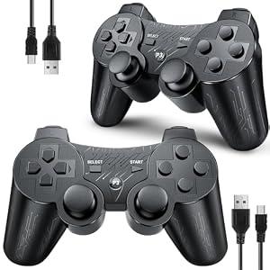 OKHAHA Controller 2 Pack for PS3 Wireless Controller for Sony Playstation 3, Double Shock 3, Bluetooth, Rechargeable, Motion Sensor, Remote for PS3 (With Stripes(Black + Black))