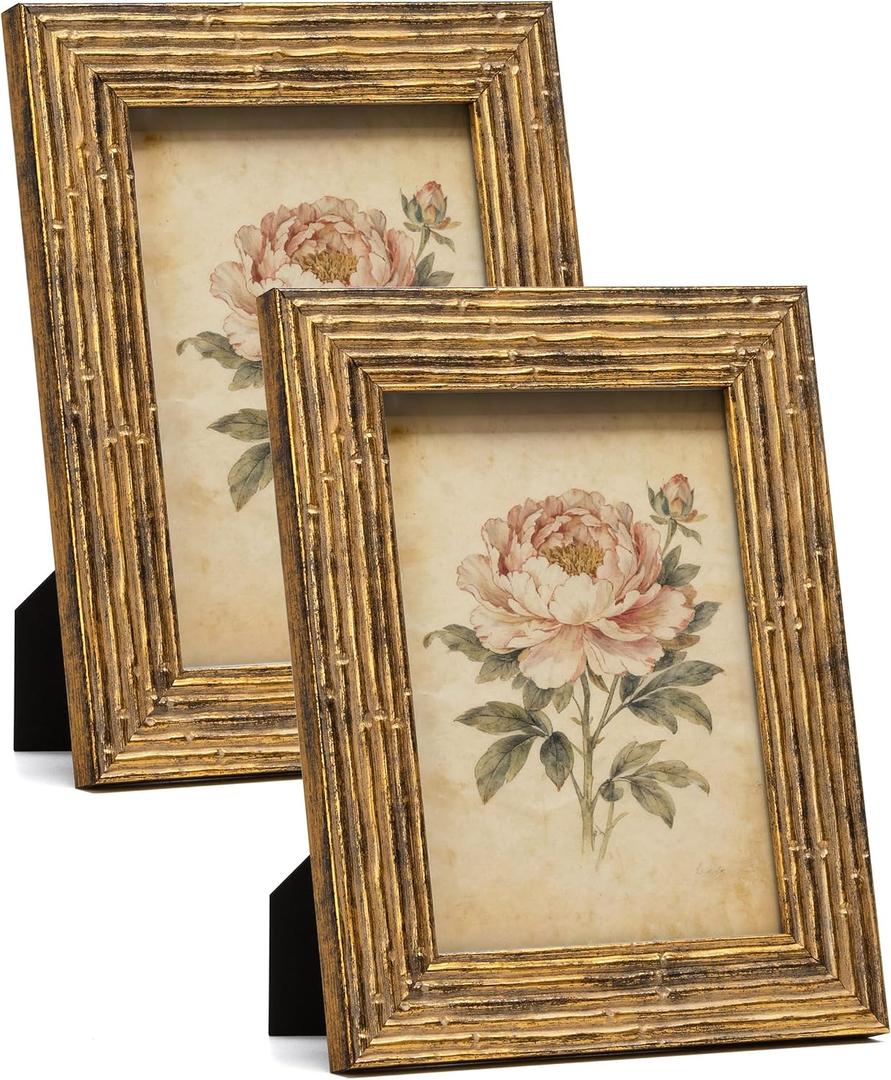 Sonefreiy 5x7 Gold Picture Frames Set of 2 Vintage Antique 5 x 7 Picture Frame Unique Bamboo Line Photo Frame Wall and Tabletop Living Room Bedroom Decor Gift for Family Friends Mom Grandma