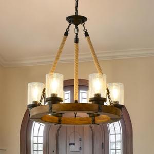 Rustic 6 Light Wagon Wheel Chandelier, Round Wood Pendant Light with Seeded Glass Shade, Farmhouse Chandeliers for Dining Room Kitchen Island Foyer Entryway, Brown 